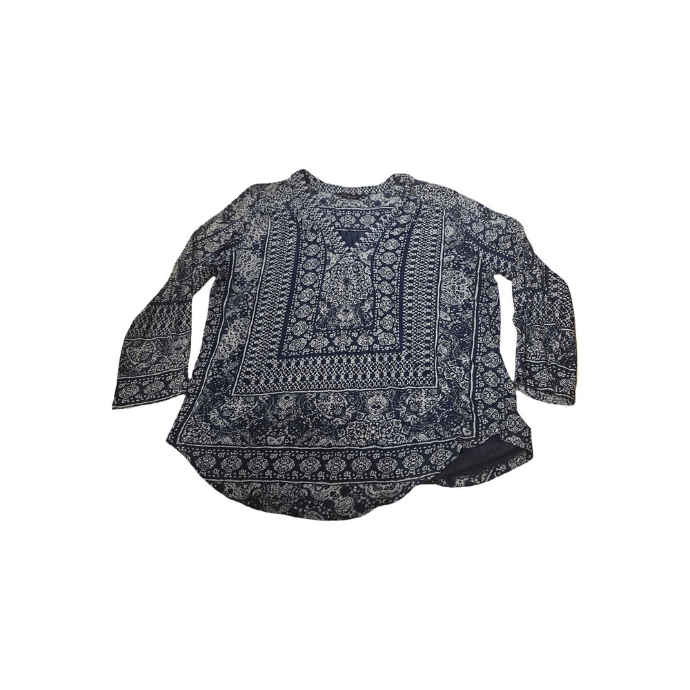 Lucky Brand Womens Navy Blue‎ Paisley Medallion V-Neck Long Sleeve Peasant Top
